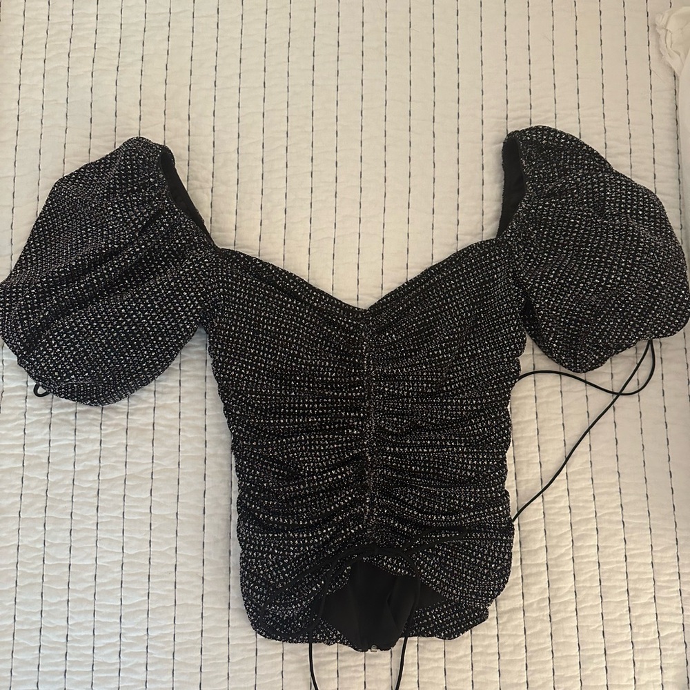 For Love and Lemons Black Sparkly Puff-Sleeve Top